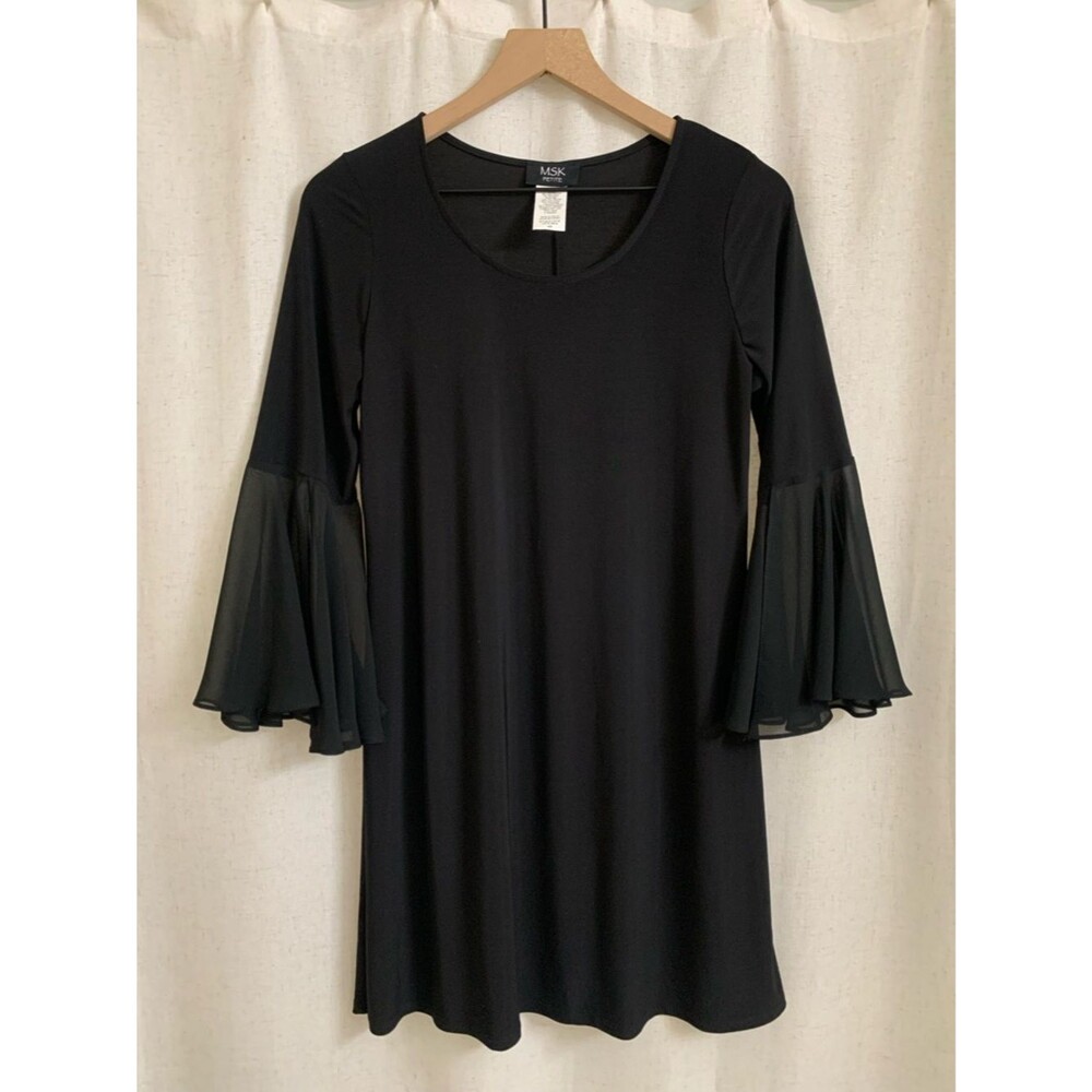 MSK Petite Lighweight Black Sheer Bell Sleeve Flared Cuff Dress Medium